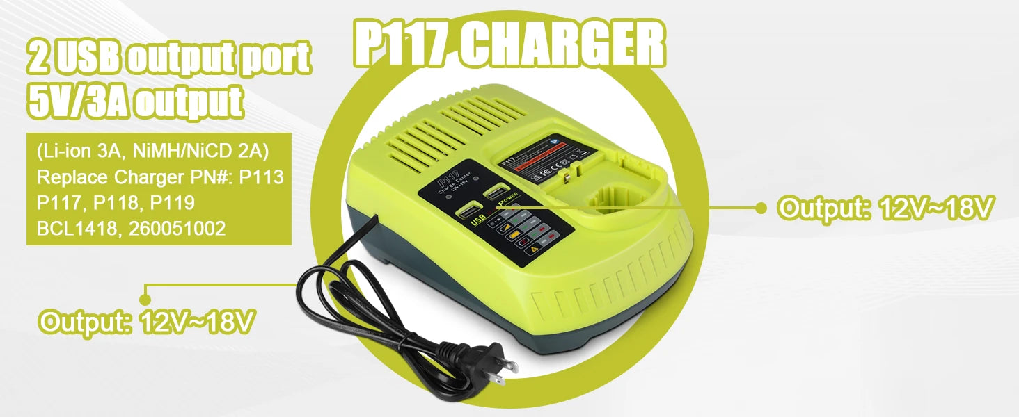 2 Pack 3.5Ah For Ryobi 18V Battery and  Charger Combo Compatible for Ryobi ONE+ Battery P102 P103 P104 P105 P107 P109 P117 P190