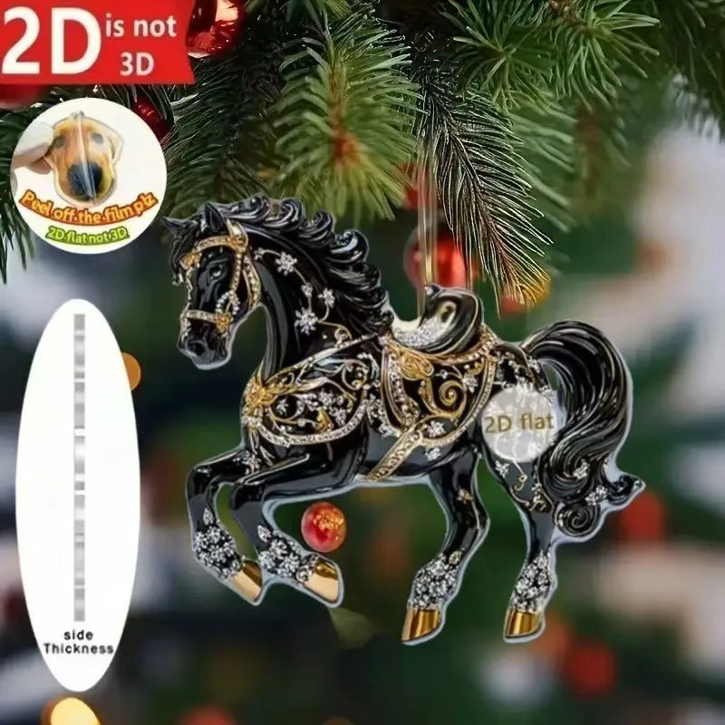 2D Acrylic Horse Car Rearview Mirror Pendant Charm Christmas Tree Ornament Party New Year Hanging Decoration Drop Ornaments