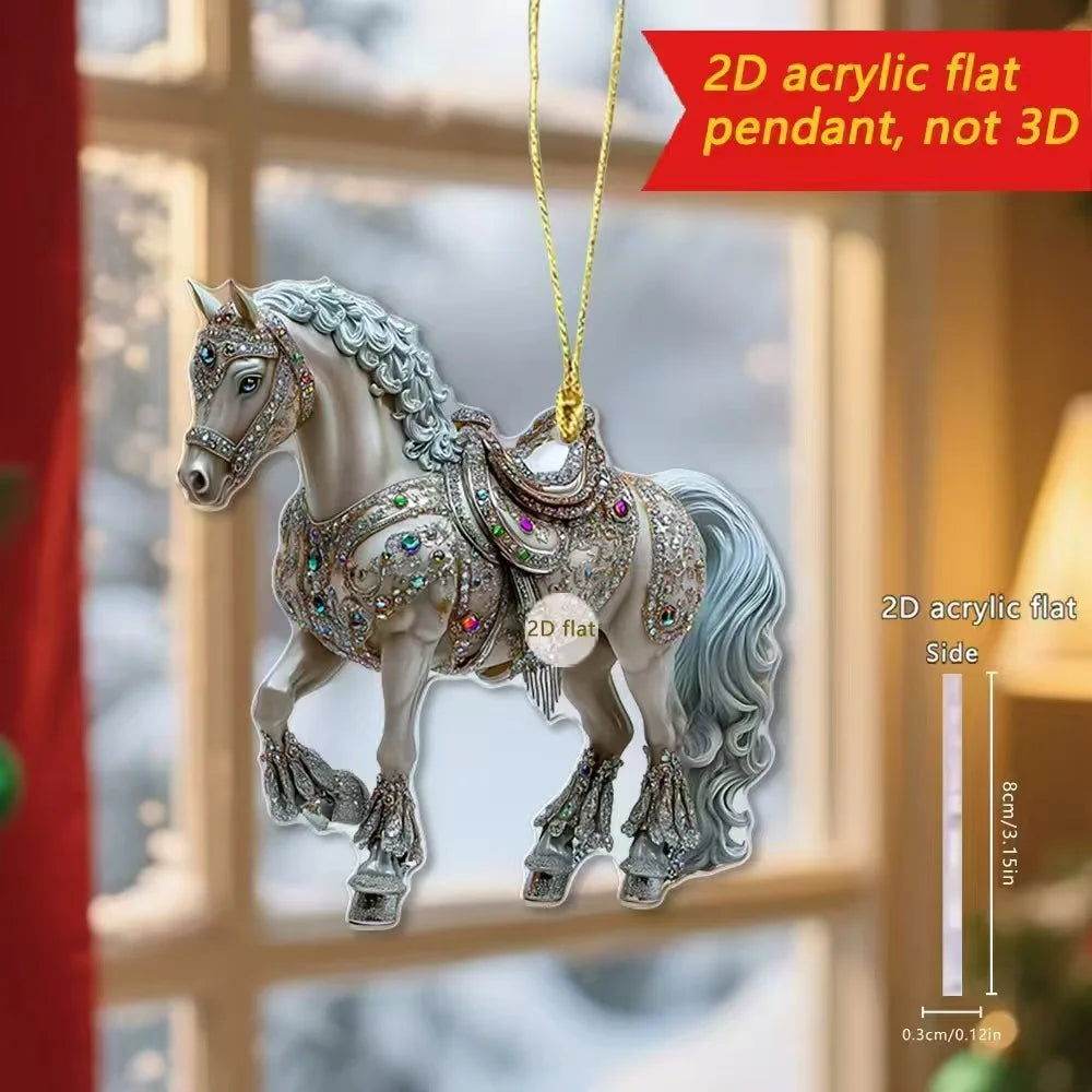 2D Acrylic Horse Car Rearview Mirror Pendant Charm Christmas Tree Ornament Party New Year Hanging Decoration Drop Ornaments