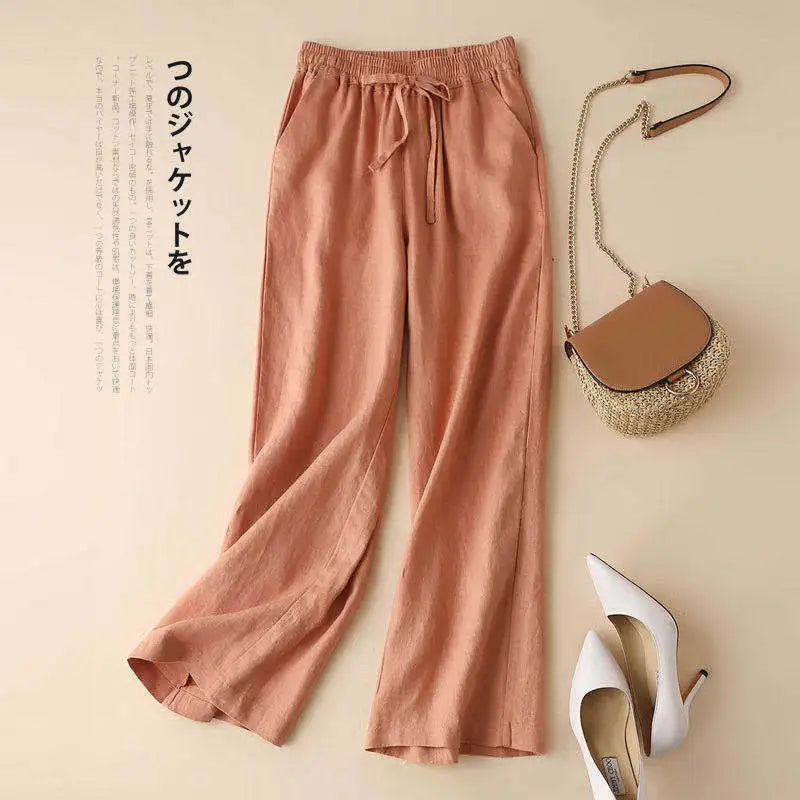 2026 Summer Women Pants Cotton Linen Elastic Waist Wide-leg Trousers Casual Lightweight Solid Palazzo Pantalones De Mujer