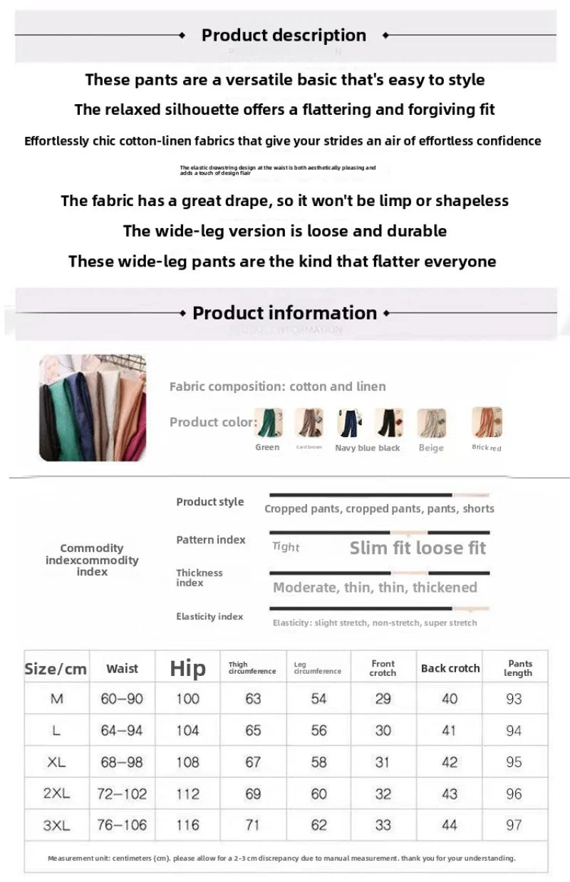 2026 Summer Women Pants Cotton Linen Elastic Waist Wide-leg Trousers Casual Lightweight Solid Palazzo Pantalones De Mujer