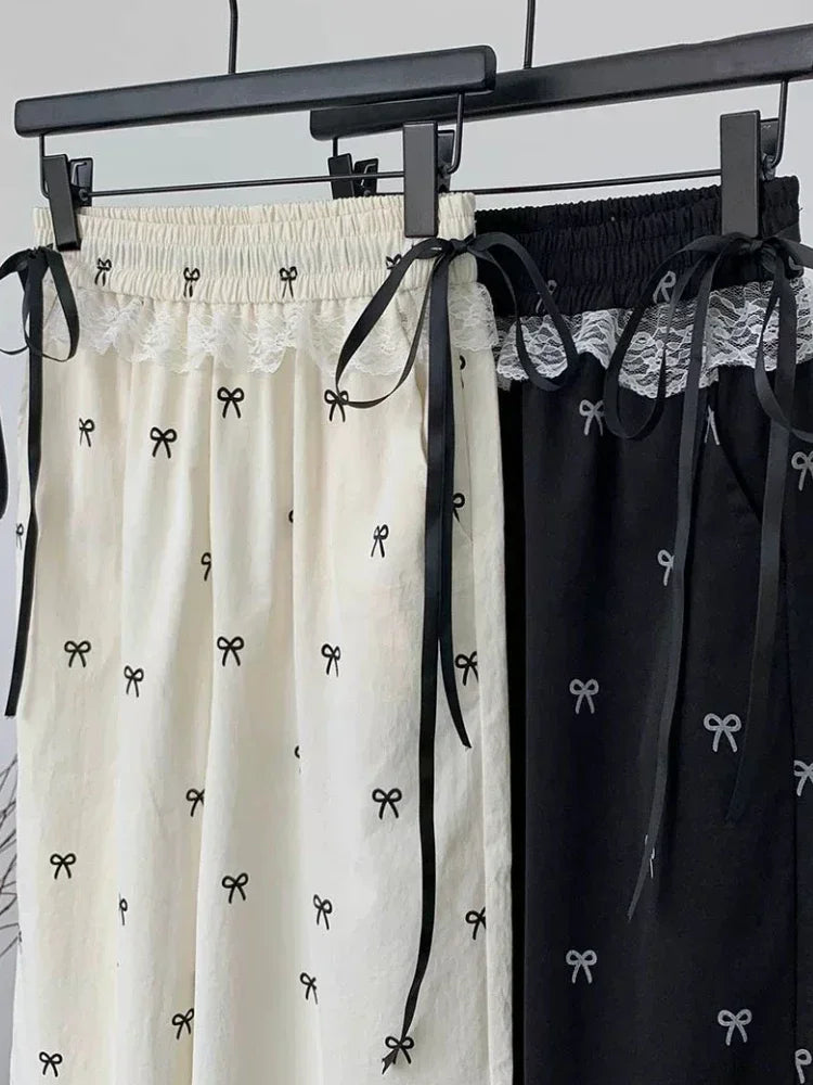 Casual Pants for Women Baggy Sweet Bow Design Fashion Elastic Waist Aesthetic Ulzzang Versatile Jogger Wide Leg Pantalones Mujer