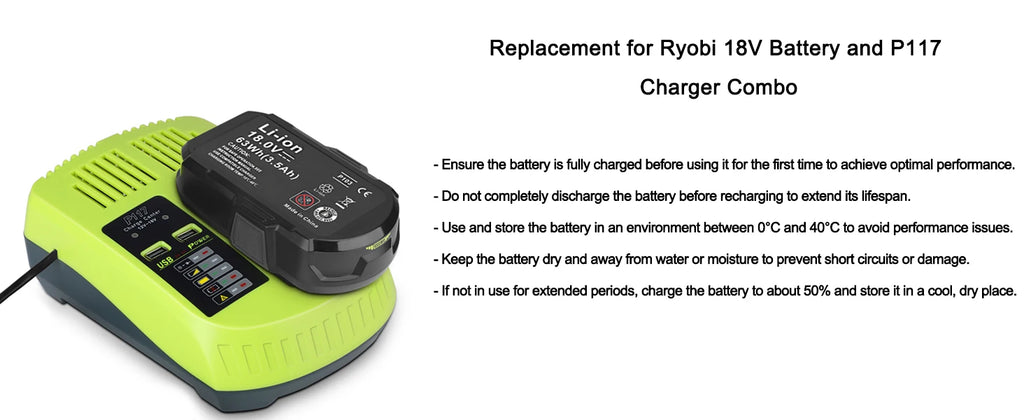 2 Pack 3.5Ah For Ryobi 18V Battery and  Charger Combo Compatible for Ryobi ONE+ Battery P102 P103 P104 P105 P107 P109 P117 P190