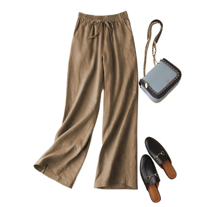 2026 Summer Women Pants Cotton Linen Elastic Waist Wide-leg Trousers Casual Lightweight Solid Palazzo Pantalones De Mujer