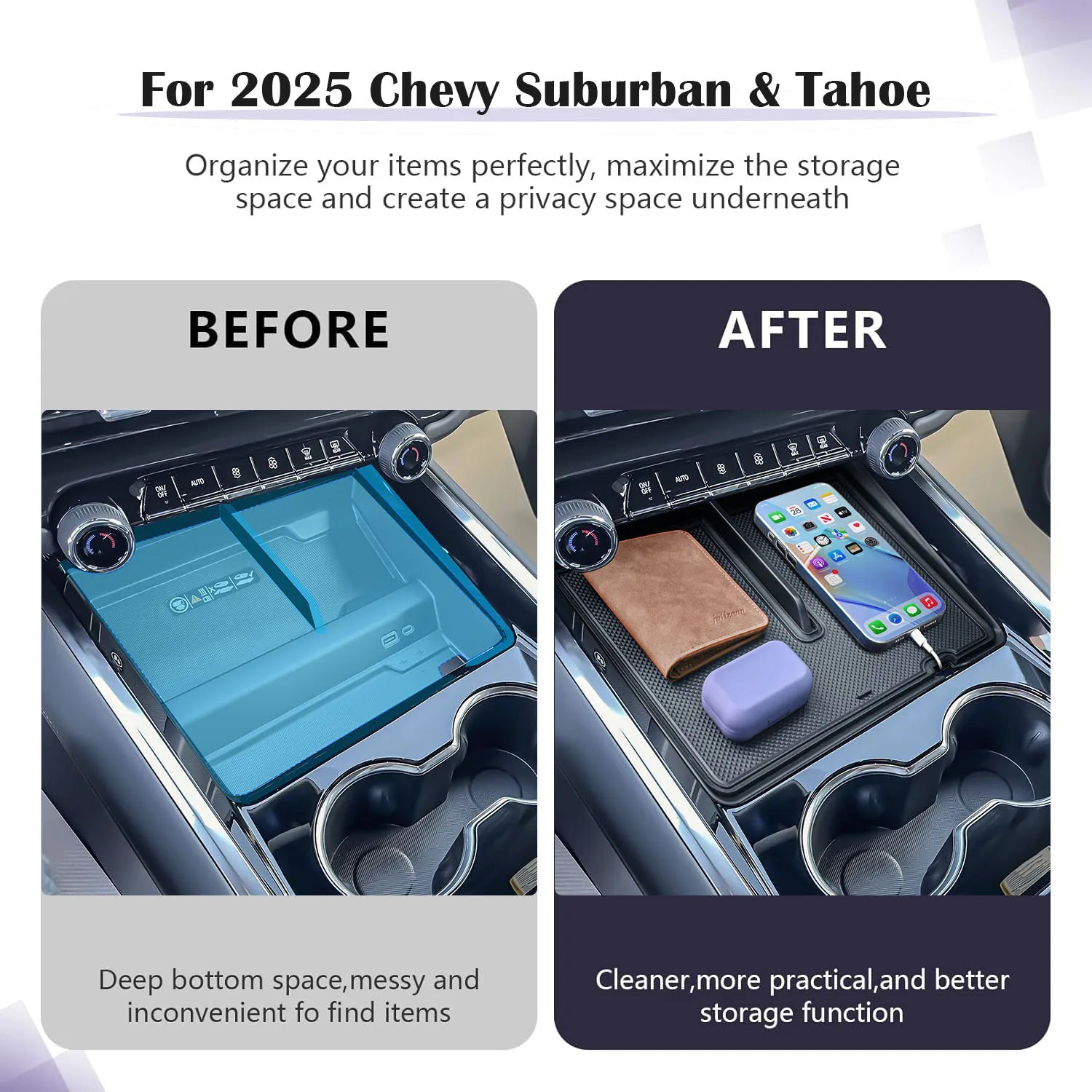 Center Console Organizer for 2025 Chevy Suburban/Tahoe Middle Center Console Armrest Storage Box Tray Interior Car Accessories