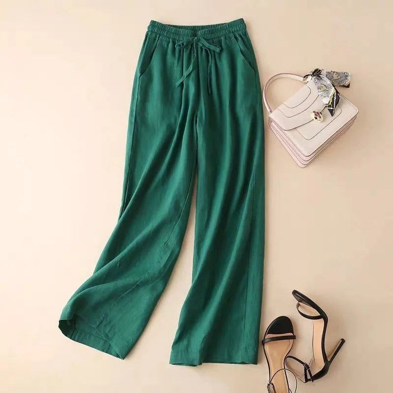 2026 Summer Women Pants Cotton Linen Elastic Waist Wide-leg Trousers Casual Lightweight Solid Palazzo Pantalones De Mujer