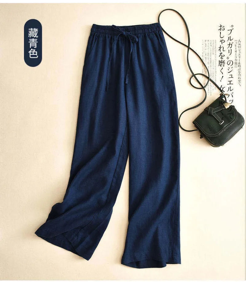 2026 Summer Women Pants Cotton Linen Elastic Waist Wide-leg Trousers Casual Lightweight Solid Palazzo Pantalones De Mujer