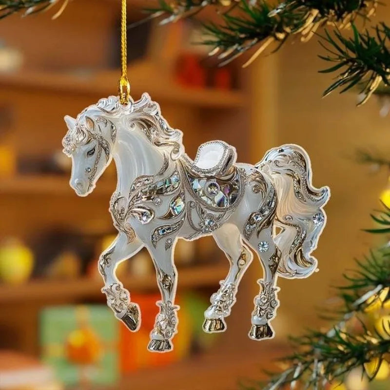 2D Acrylic Horse Car Rearview Mirror Pendant Charm Christmas Tree Ornament Party New Year Hanging Decoration Drop Ornaments