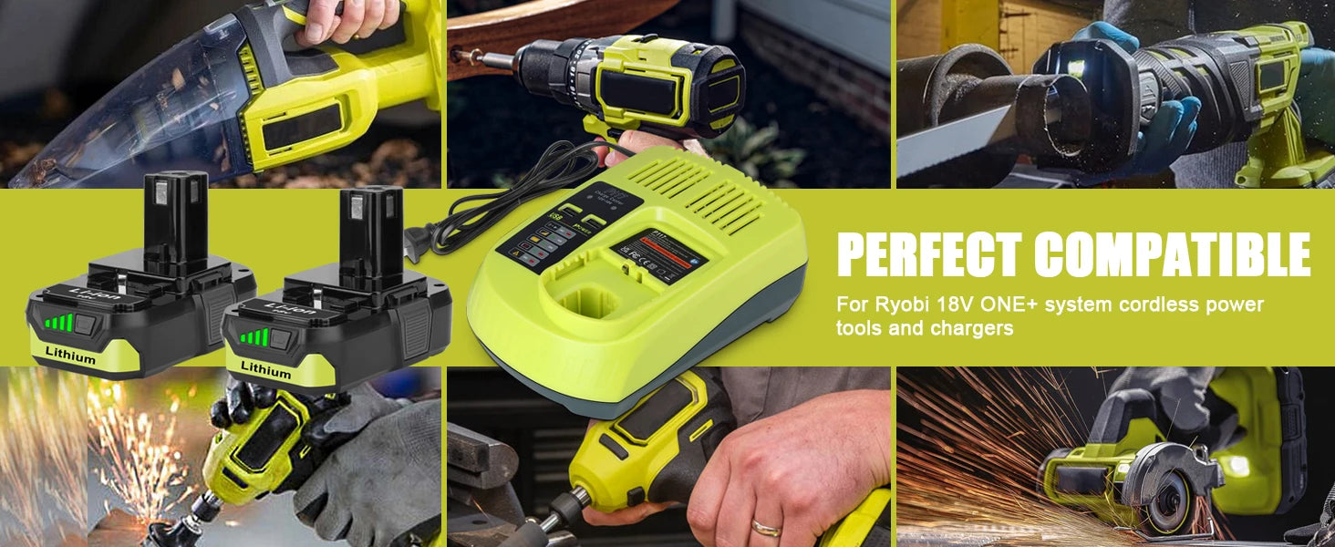 2 Pack 3.5Ah For Ryobi 18V Battery and  Charger Combo Compatible for Ryobi ONE+ Battery P102 P103 P104 P105 P107 P109 P117 P190