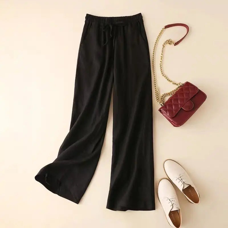 2026 Summer Women Pants Cotton Linen Elastic Waist Wide-leg Trousers Casual Lightweight Solid Palazzo Pantalones De Mujer
