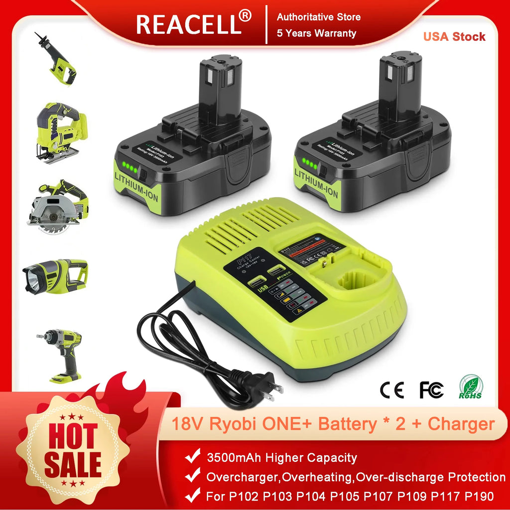 2 Pack 3.5Ah For Ryobi 18V Battery and  Charger Combo Compatible for Ryobi ONE+ Battery P102 P103 P104 P105 P107 P109 P117 P190