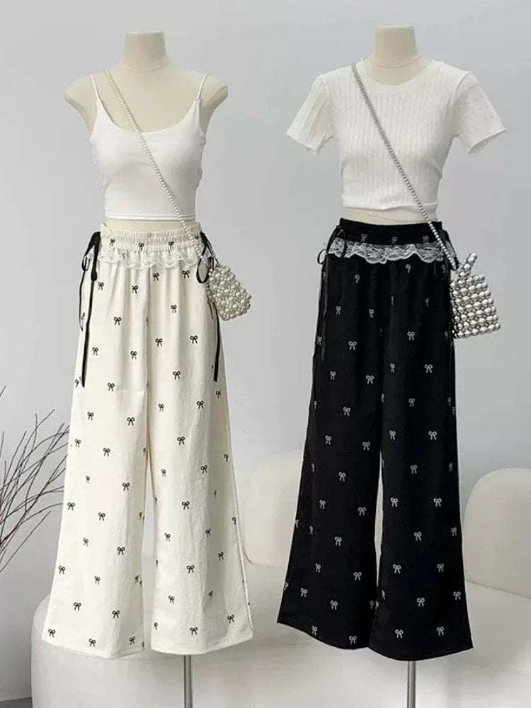 Casual Pants for Women Baggy Sweet Bow Design Fashion Elastic Waist Aesthetic Ulzzang Versatile Jogger Wide Leg Pantalones Mujer