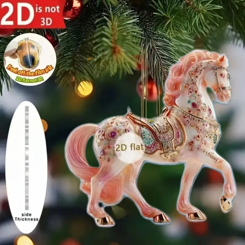 2D Acrylic Horse Car Rearview Mirror Pendant Charm Christmas Tree Ornament Party New Year Hanging Decoration Drop Ornaments