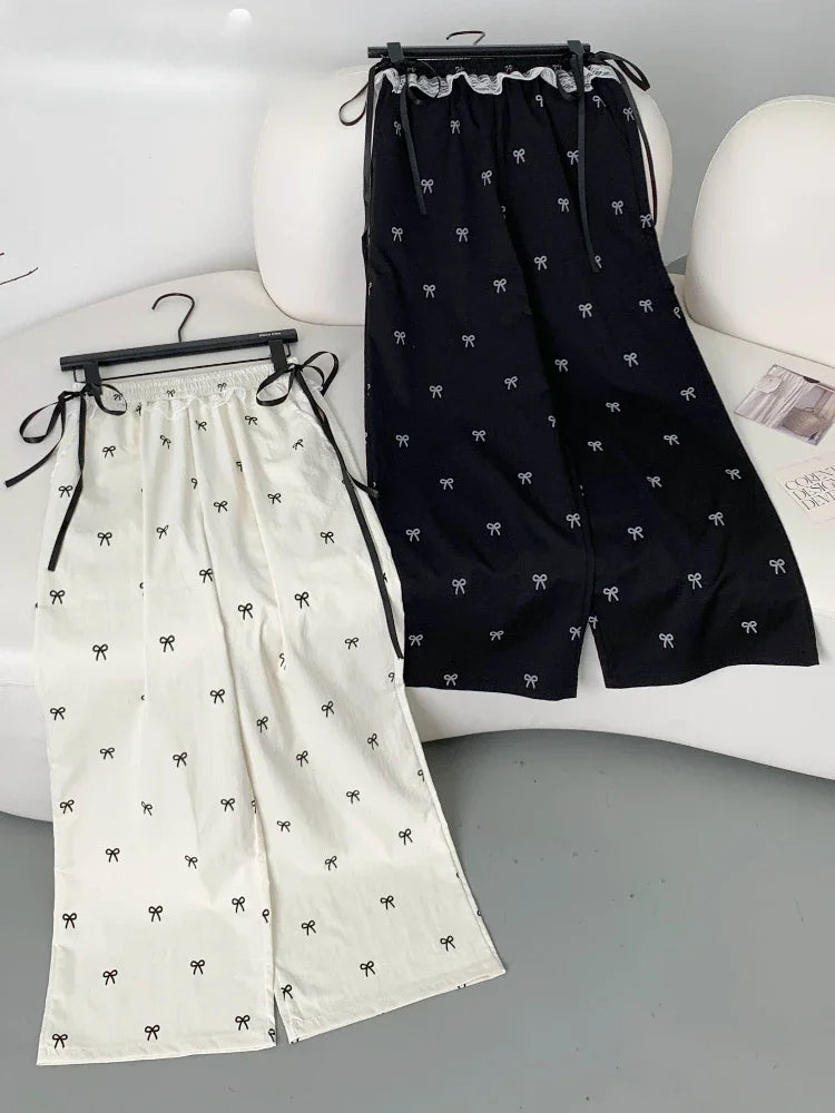 Casual Pants for Women Baggy Sweet Bow Design Fashion Elastic Waist Aesthetic Ulzzang Versatile Jogger Wide Leg Pantalones Mujer