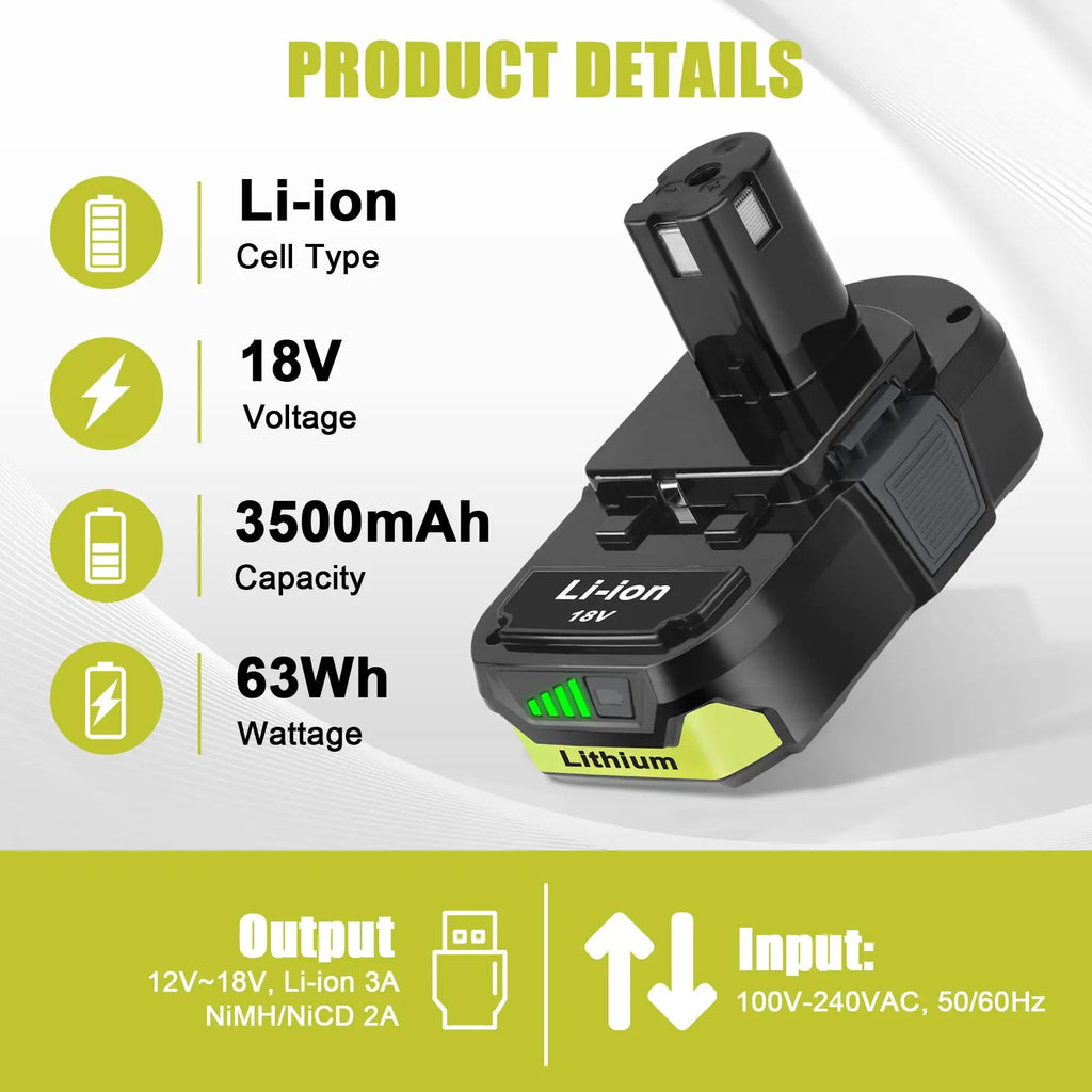 2 Pack 3.5Ah For Ryobi 18V Battery and  Charger Combo Compatible for Ryobi ONE+ Battery P102 P103 P104 P105 P107 P109 P117 P190