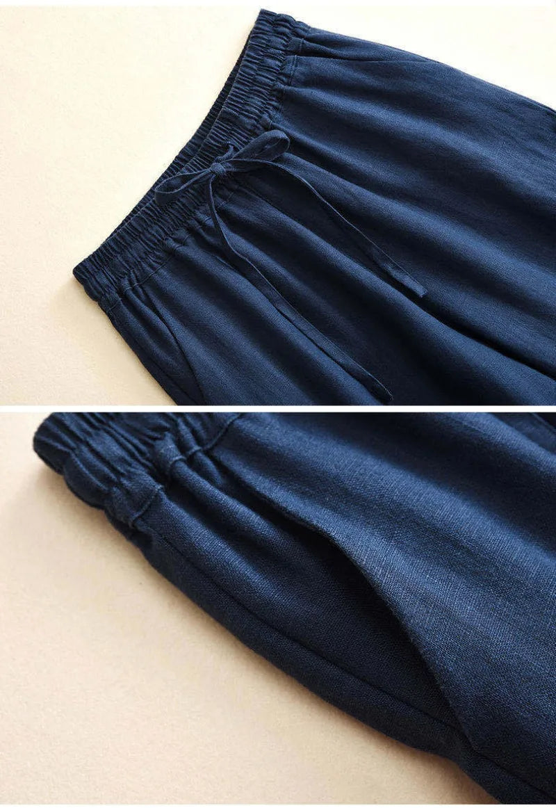 2026 Summer Women Pants Cotton Linen Elastic Waist Wide-leg Trousers Casual Lightweight Solid Palazzo Pantalones De Mujer
