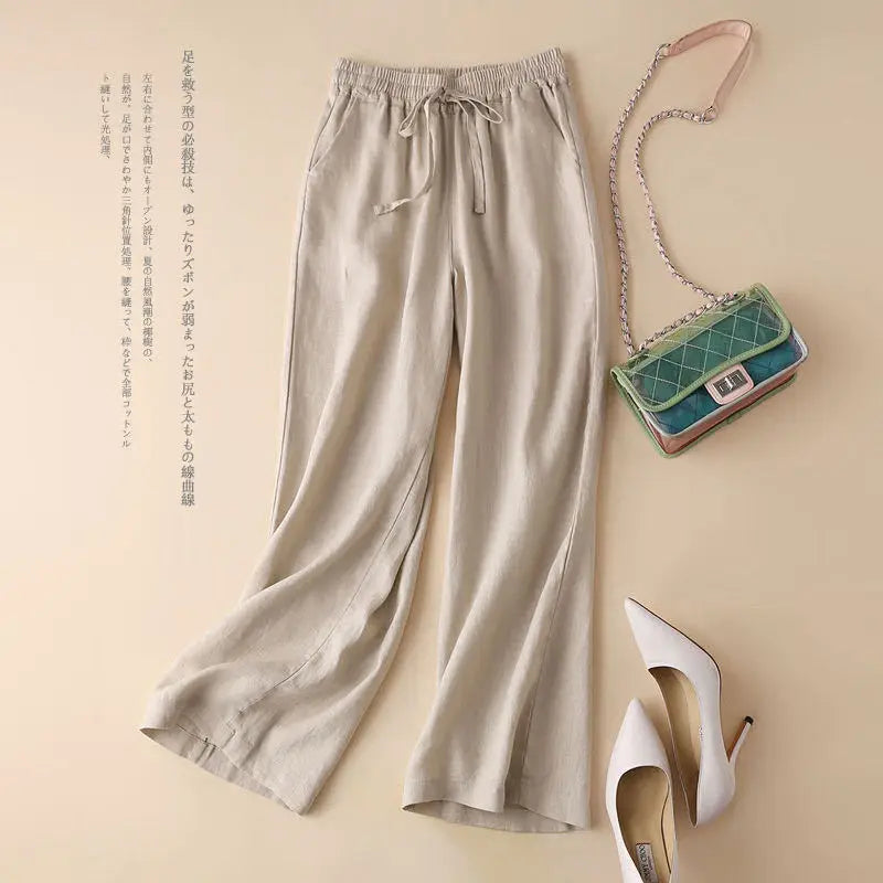 2026 Summer Women Pants Cotton Linen Elastic Waist Wide-leg Trousers Casual Lightweight Solid Palazzo Pantalones De Mujer