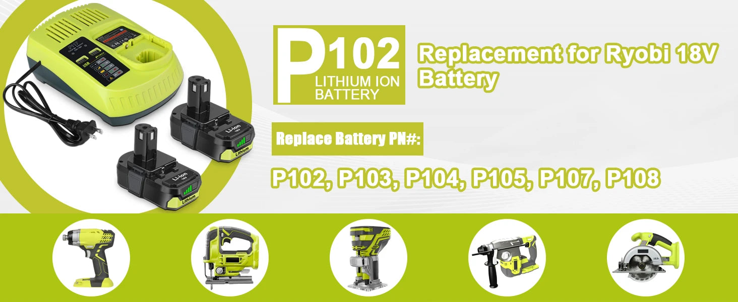 2 Pack 3.5Ah For Ryobi 18V Battery and  Charger Combo Compatible for Ryobi ONE+ Battery P102 P103 P104 P105 P107 P109 P117 P190
