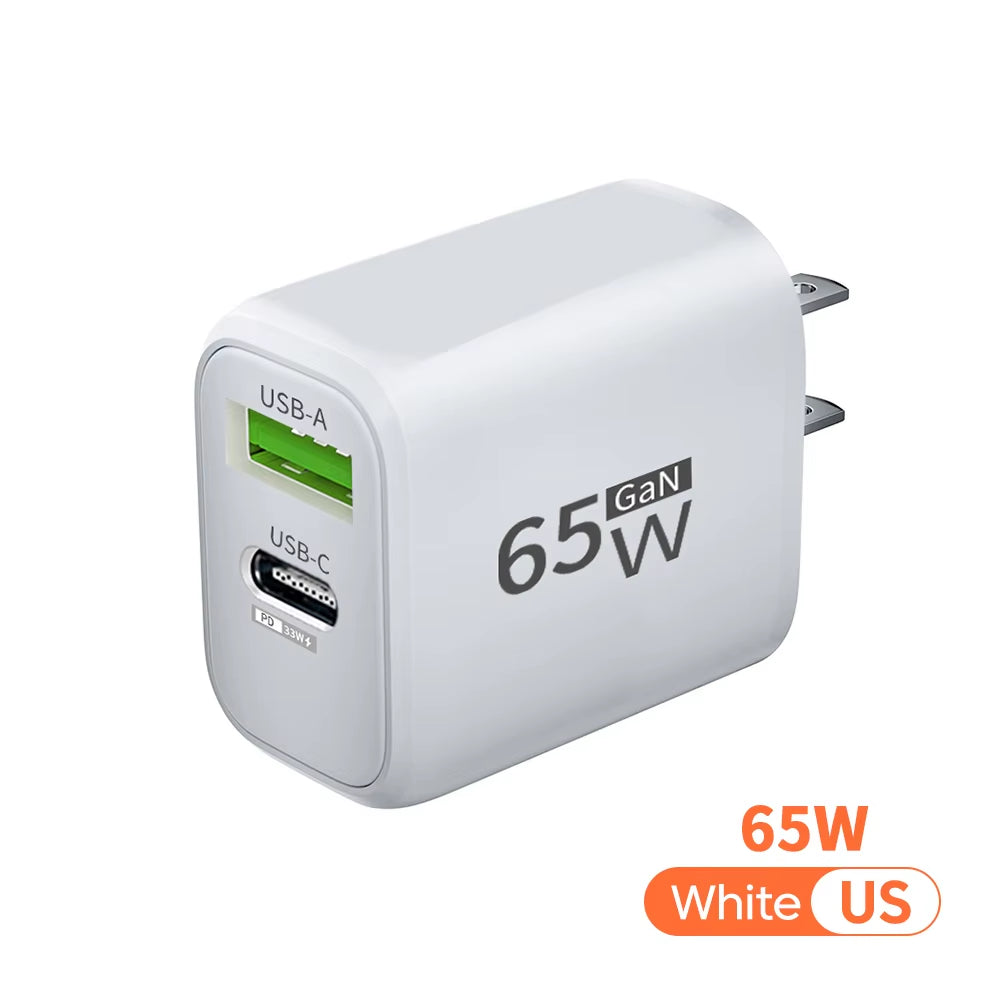 Gan 65W PD Fast Charger USB Typec Charger Cellphone Quick Charge3.0 EU/US Plug Wall Charger Adapter for Iphone Xiaomi 14 Samsung