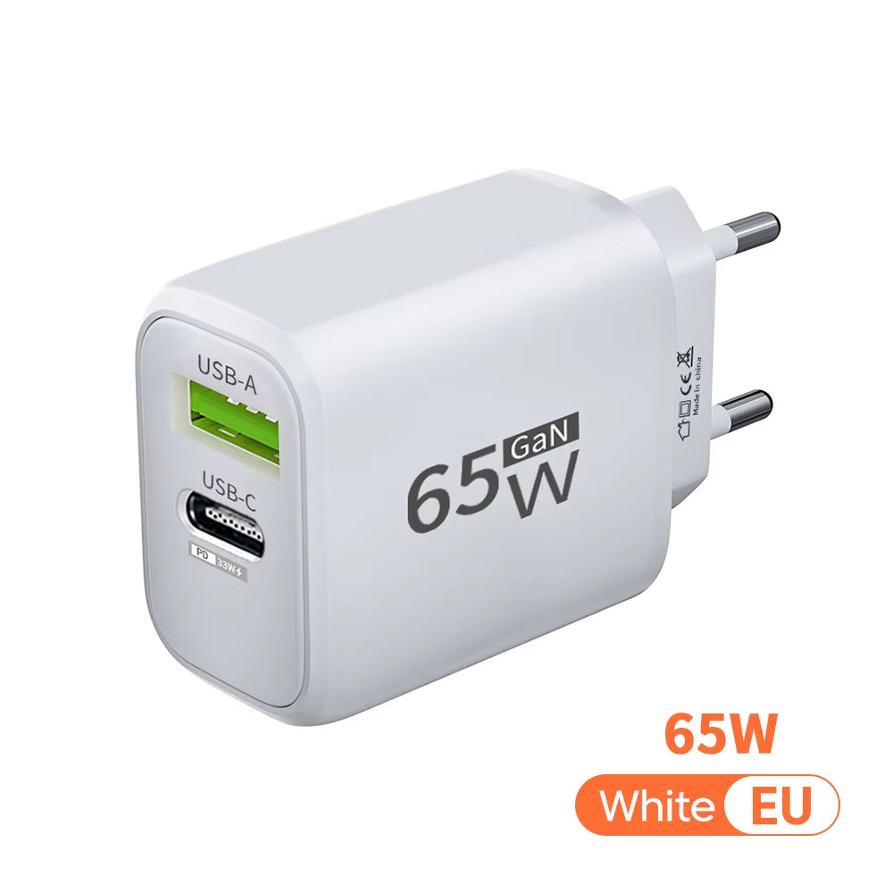 Gan 65W PD Fast Charger USB Typec Charger Cellphone Quick Charge3.0 EU/US Plug Wall Charger Adapter for Iphone Xiaomi 14 Samsung