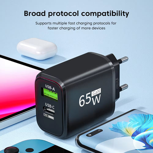 Gan 65W PD Fast Charger USB Typec Charger Cellphone Quick Charge3.0 EU/US Plug Wall Charger Adapter for Iphone Xiaomi 14 Samsung