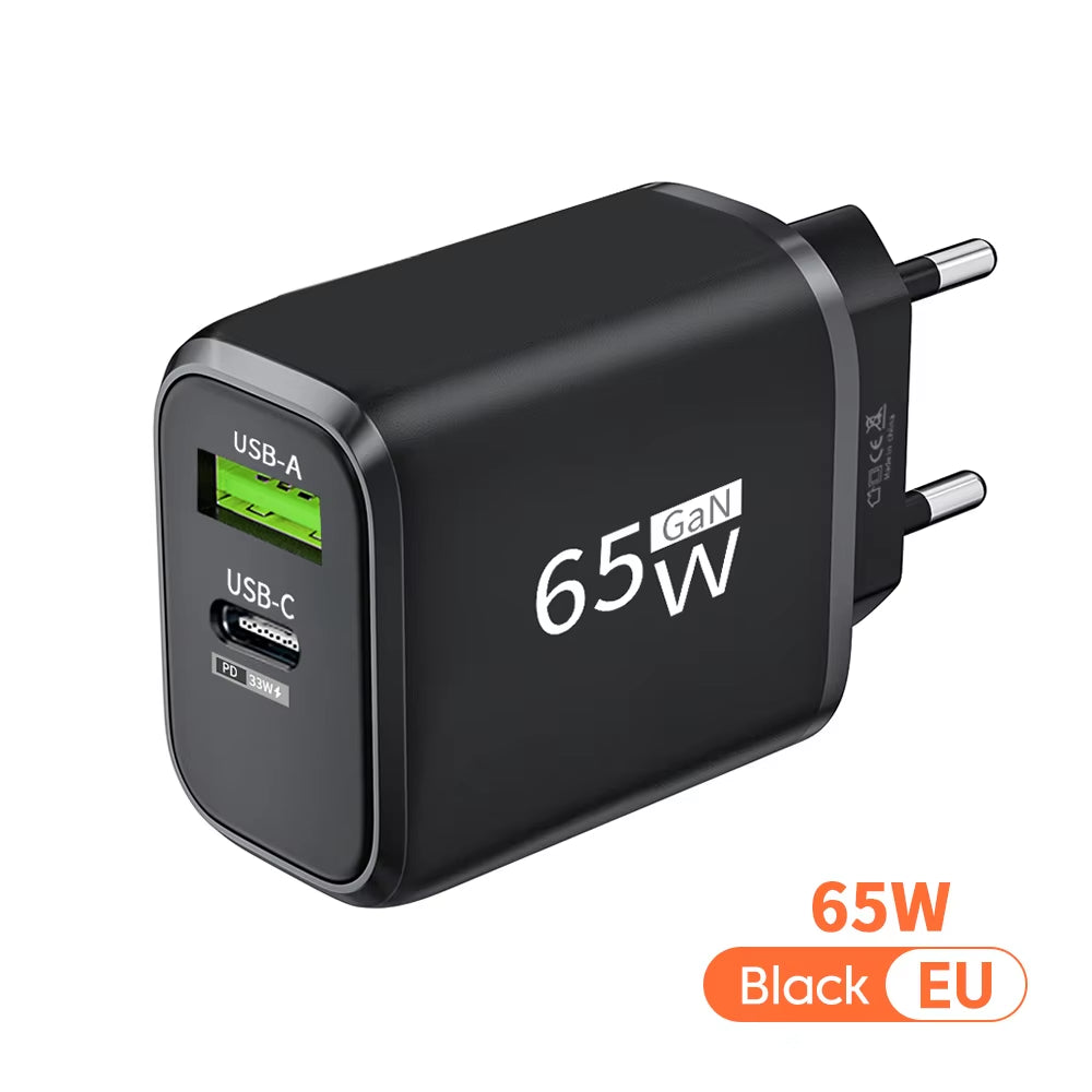 Gan 65W PD Fast Charger USB Typec Charger Cellphone Quick Charge3.0 EU/US Plug Wall Charger Adapter for Iphone Xiaomi 14 Samsung