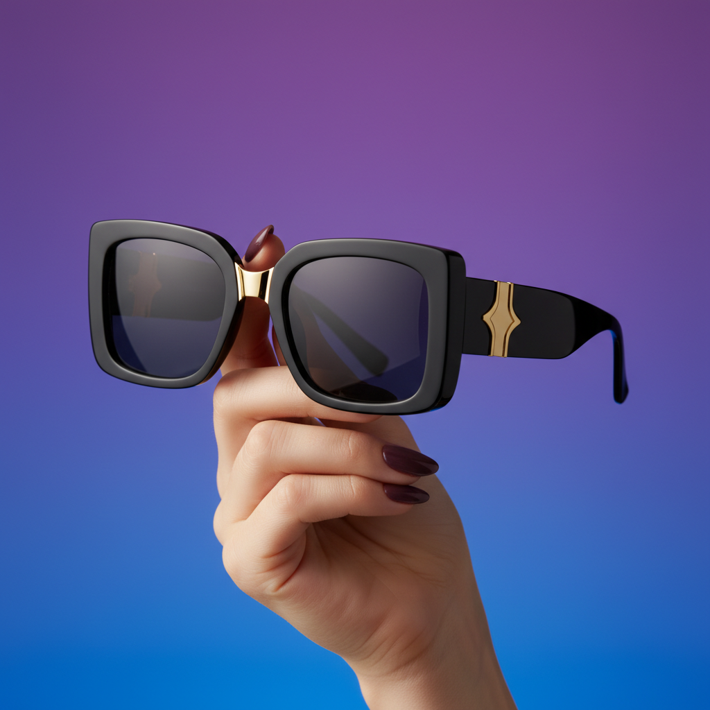 AVONDALE Oversized Retro Sunglasses with Gold Trim - Professional hand hold shot