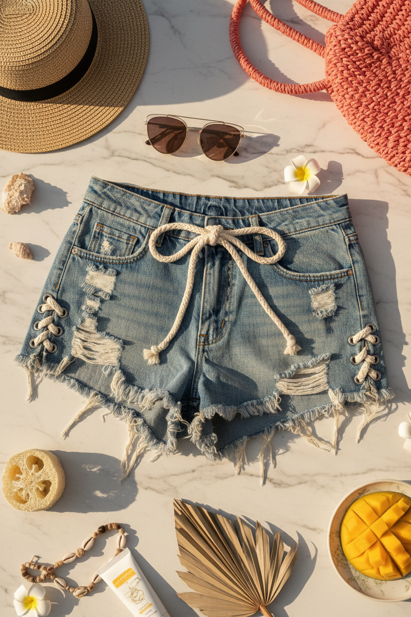Women's low rise cheeky cut distressed denim shorts with lace-up sides summer style