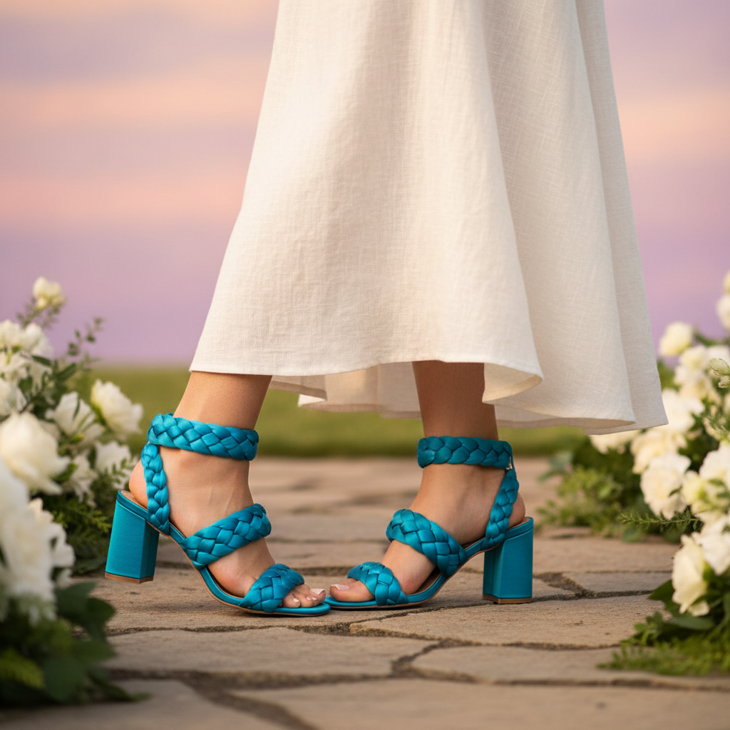 Woman wearing SHAUNA-S turquoise heeled sandals