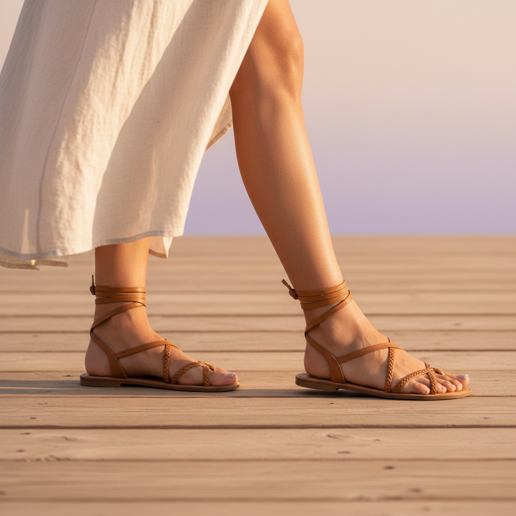 Woman wearing Elpis sandals on Mediterranean beach