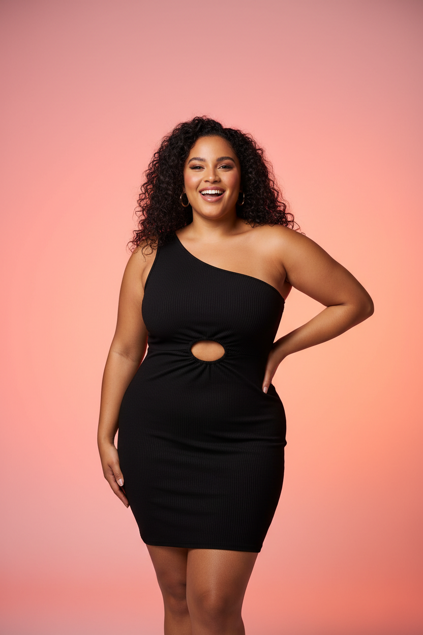 Plus size woman wearing CAPELLA black one-shoulder bodycon dress - confident pose
