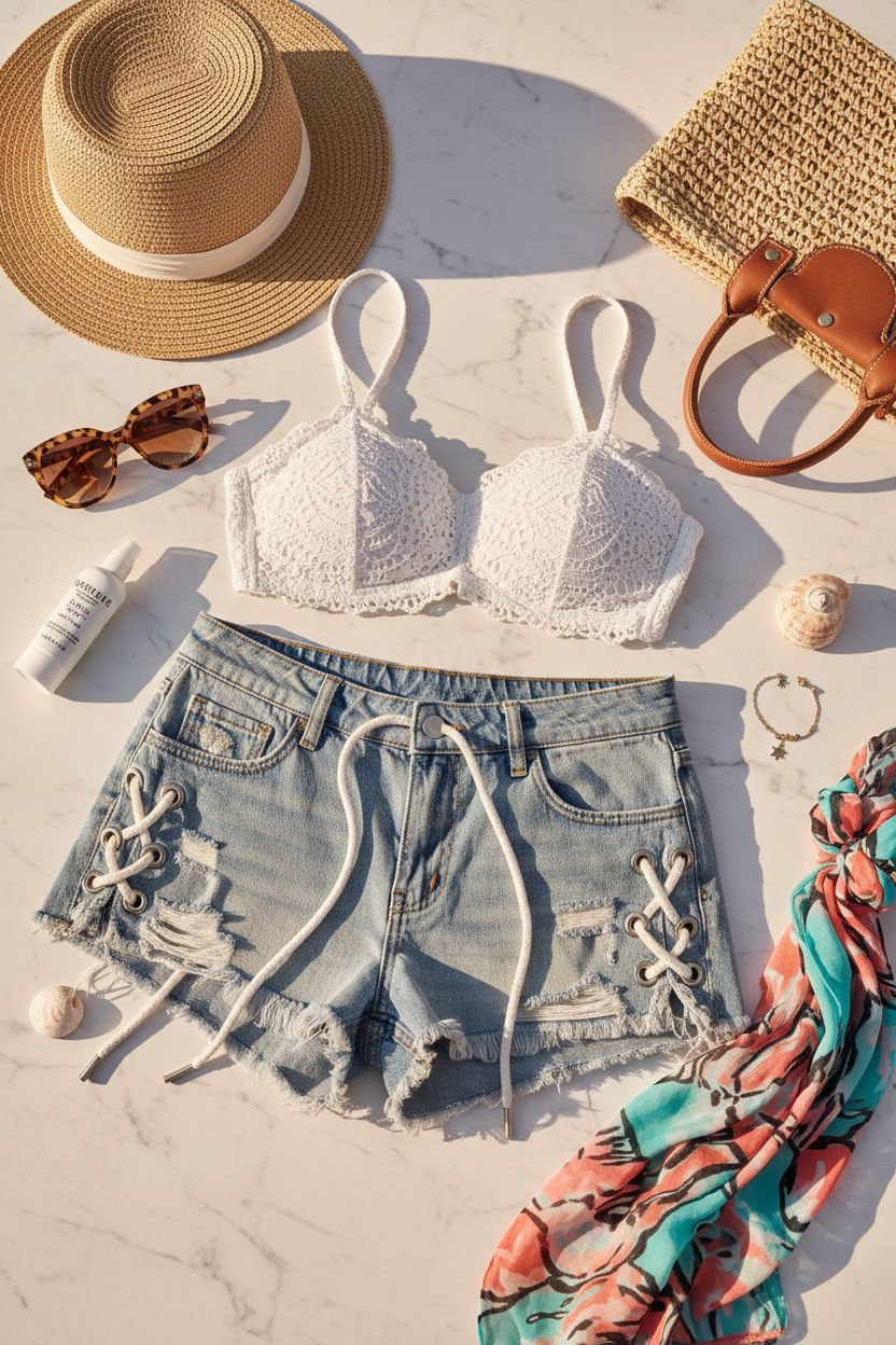 Women's light wash low rise distressed denim shorts with lace-up sides beach summer style