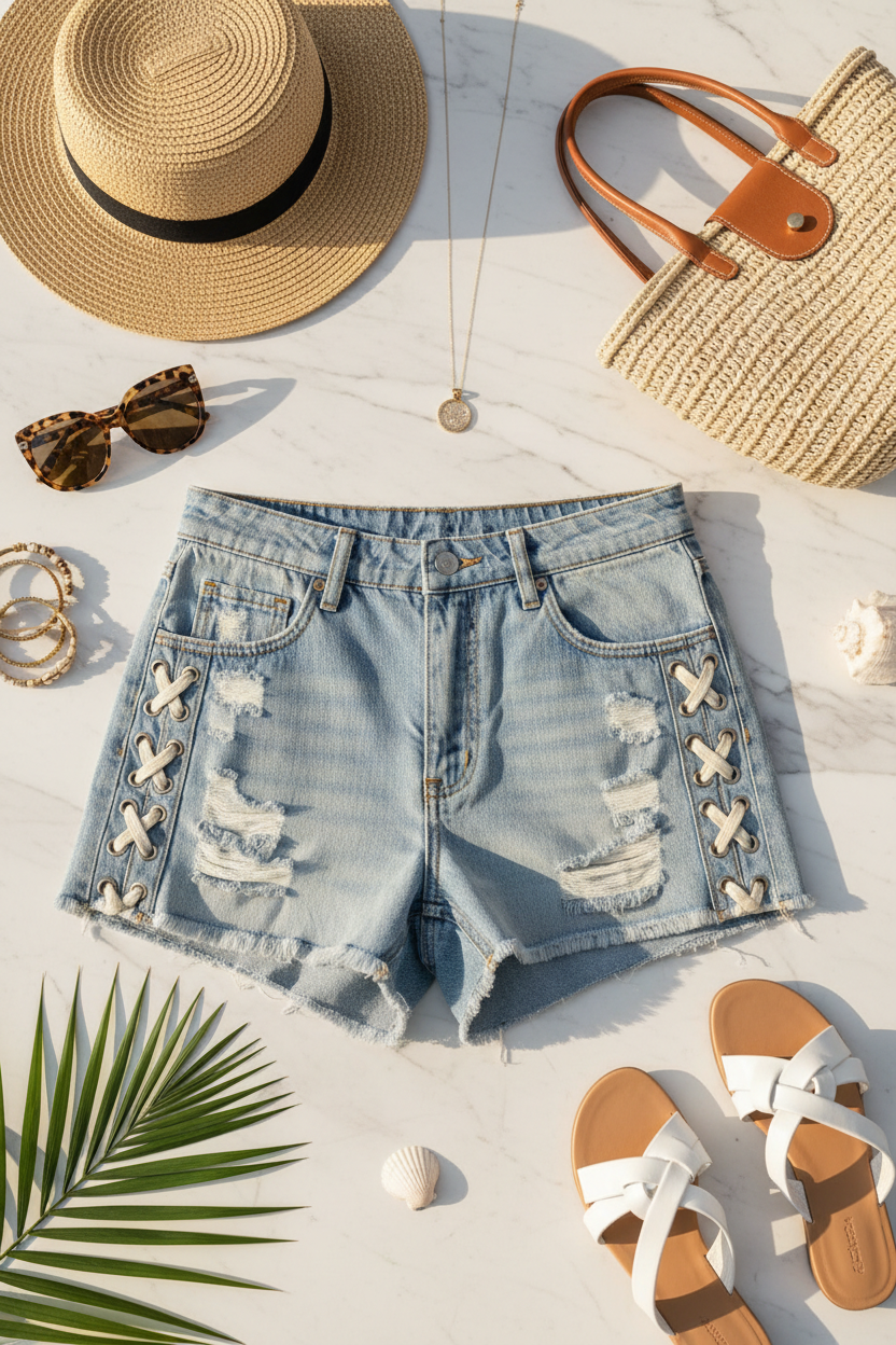 Women's high waist lace-up distressed denim shorts with adjustable side panels summer style