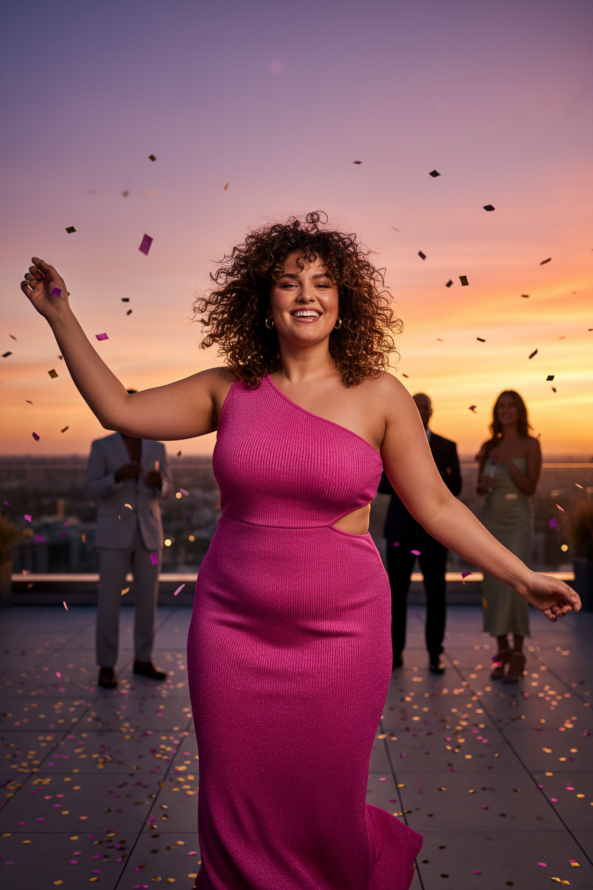Plus size woman in CAPELLA fuchsia dress at party - lifestyle photography