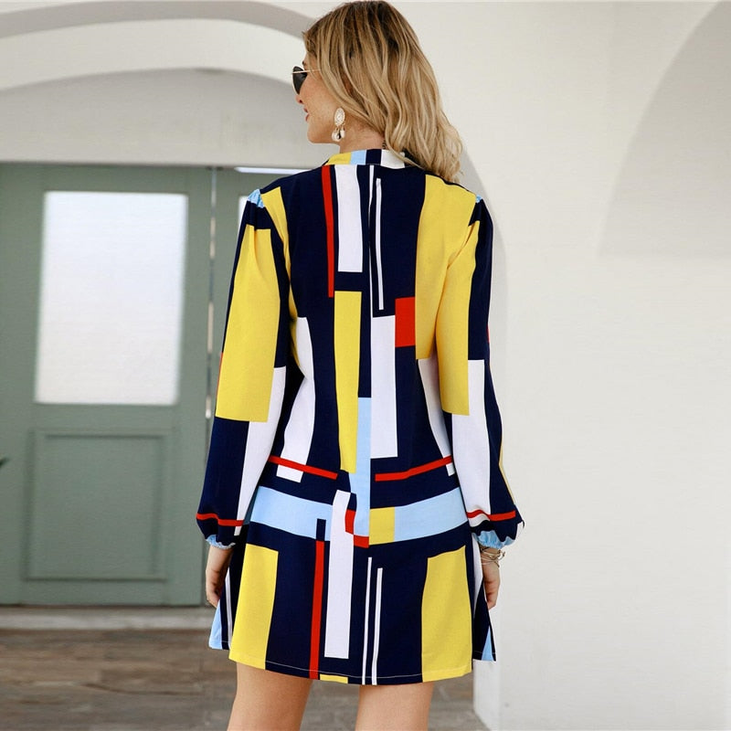 Geometric Print Notched Collar Casual Shirt Dress Women Spring Street Wear Long Sleeve Ladies Straight Short Dresses